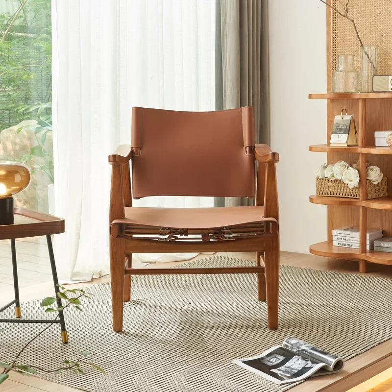 Leather leisure chair ash solid wood home high-end hunting chair balcony backrest sand