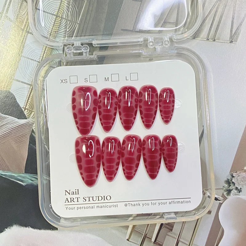 10Pcs Crocodile Skin Press on Nails Handmade Designs Reusable Acrylic Fake Nail Full Cover Almond Press ons Art Artificial Tips