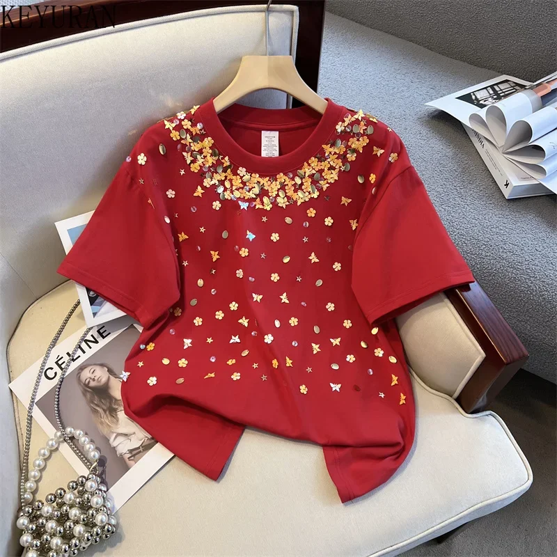 2024 Summer Oversized T Shirt Women Korean Fashion Sequins T-Shirts Round Neck Short Sleeve Casual Loose Comfortable Cotton Tops