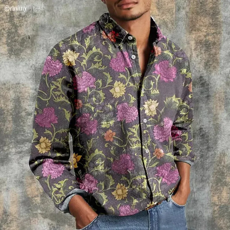 Men Long Sleeve Button Down Shirt Retro Dark Purple Peony Floral Vine Print Polyester Lapel Collar Casual