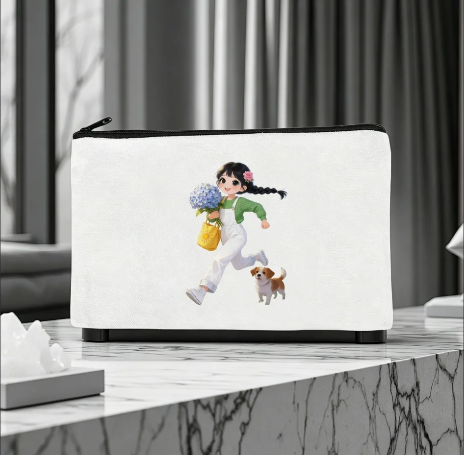 1PC Hydrangea Girl Puppy Print Canvas Cosmetic Zipper Storage Pouch