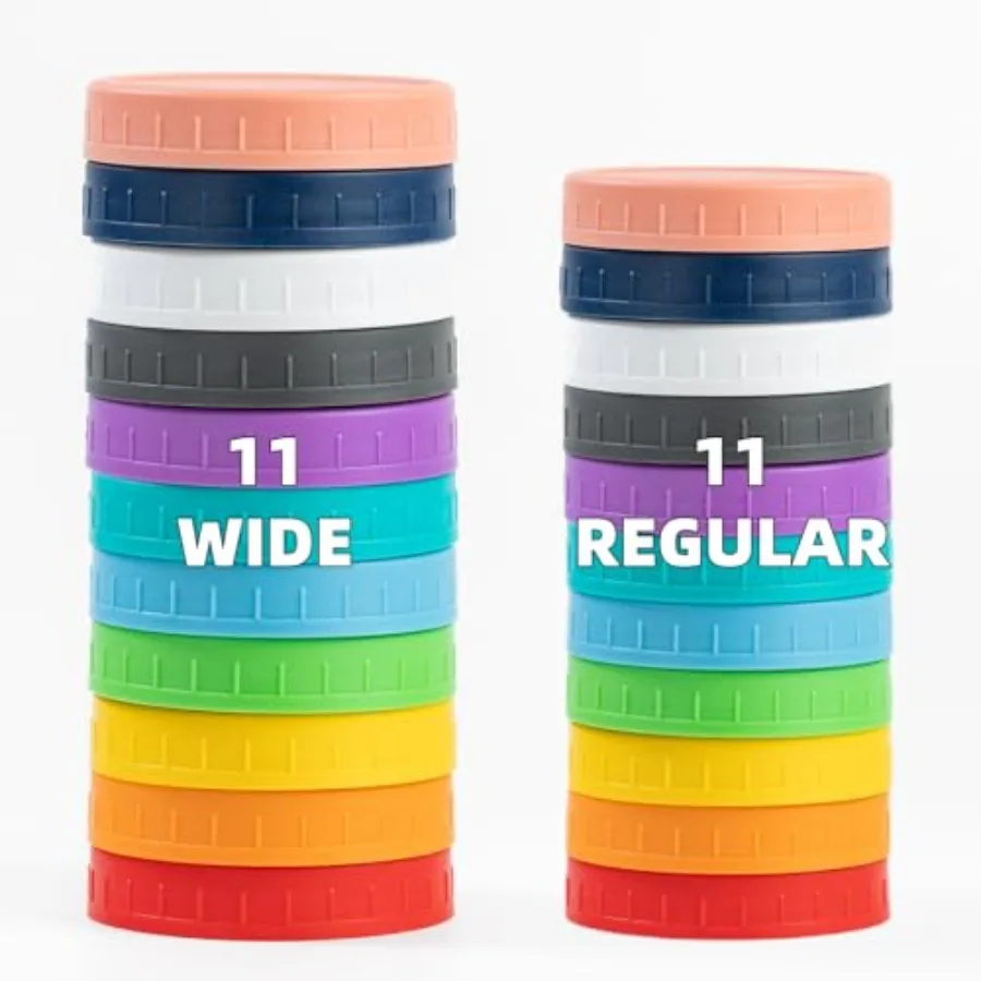 

22 Pack Plastic Mason Jar Lids 11 Wide Mouth and 11 Regular Mouth with Silicone Rings Thickened Leak-proof Lids Fit Ball Kerr a