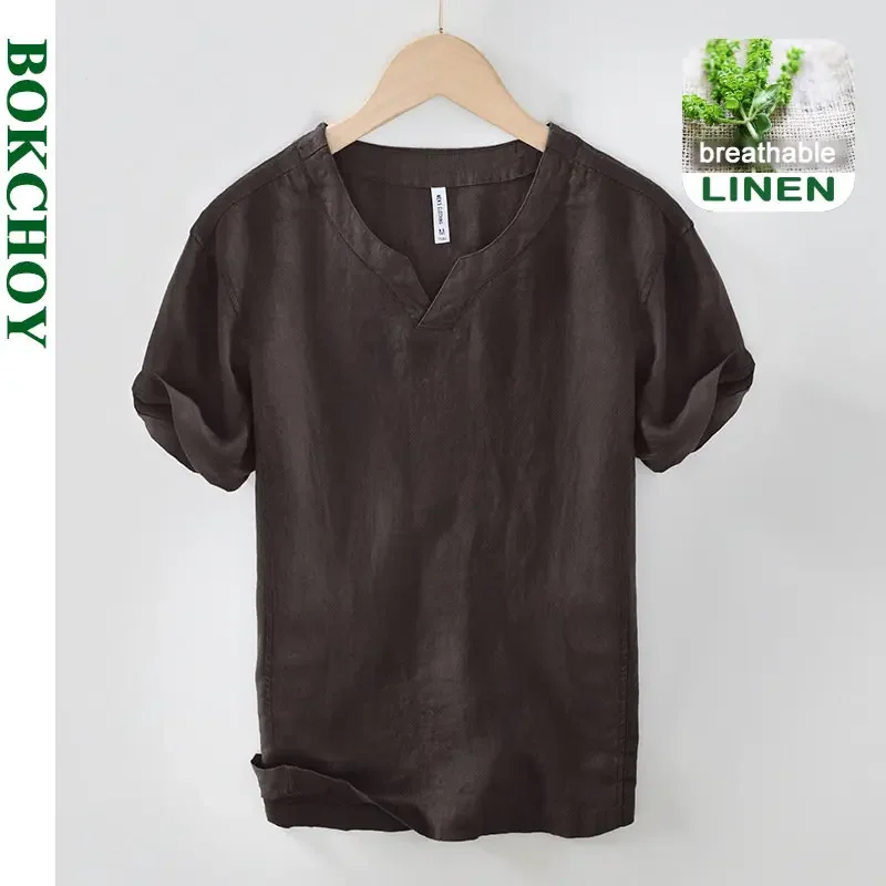 Letnie nowe 100% koszulka z krótkim rękawem lniane dla mężczyzn w stylu Casual, cienka jednolity kolor Slim męska odzież BL998