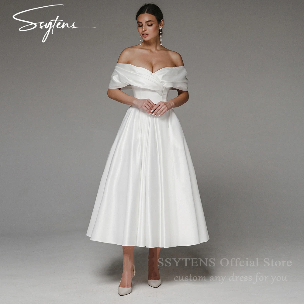 

White Wedding Dresses Off the Shoulder Princess Bridal Gowns for Bride Customized Satin A Line Ankle Length Engagement Dress