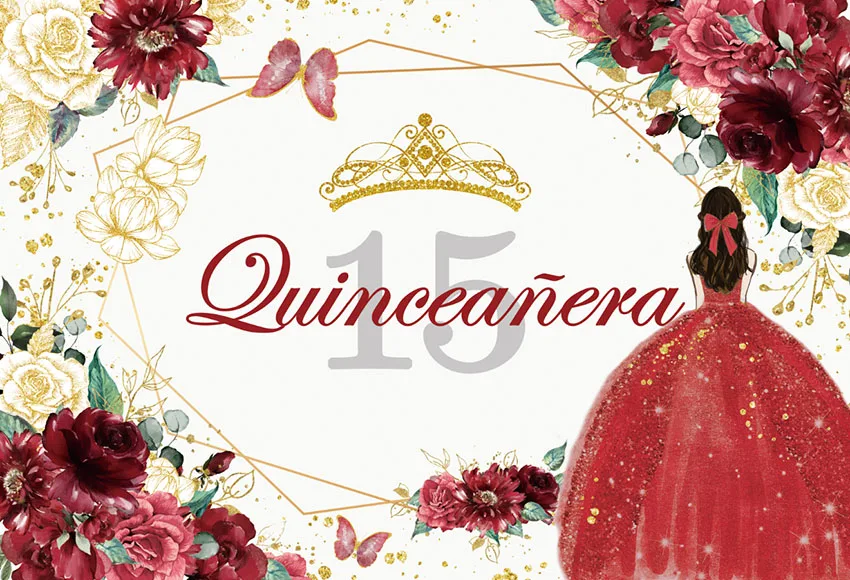 Quinceanera Sweet 15 16th Princess Birthday Party Photographic Backdrops Girl Dress Glitter Crown Floral Decor Photo Background