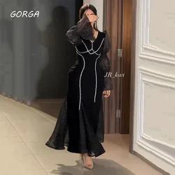 GORGA Black V-Neck Beading Mermaid 2024 Slim Crepe Lace Long Sleeve Ocassion Gown Floor-Length Evening Dress فستان سهرة نسائي