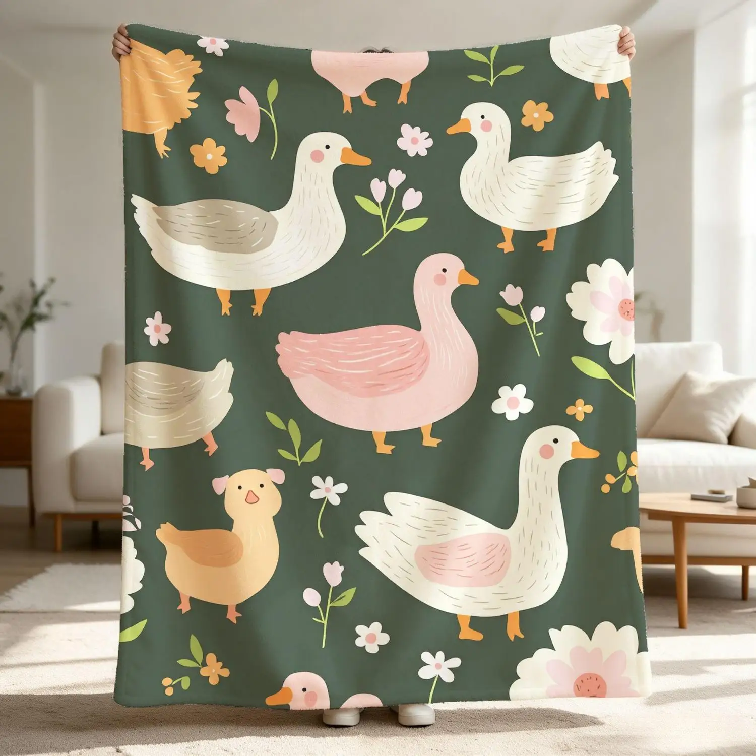 [Flannel Blanket] Duck Print Flannel Blanket, Pastoral Style Floral Pattern Blanket, Bedroom Decoration, Country Style Gift