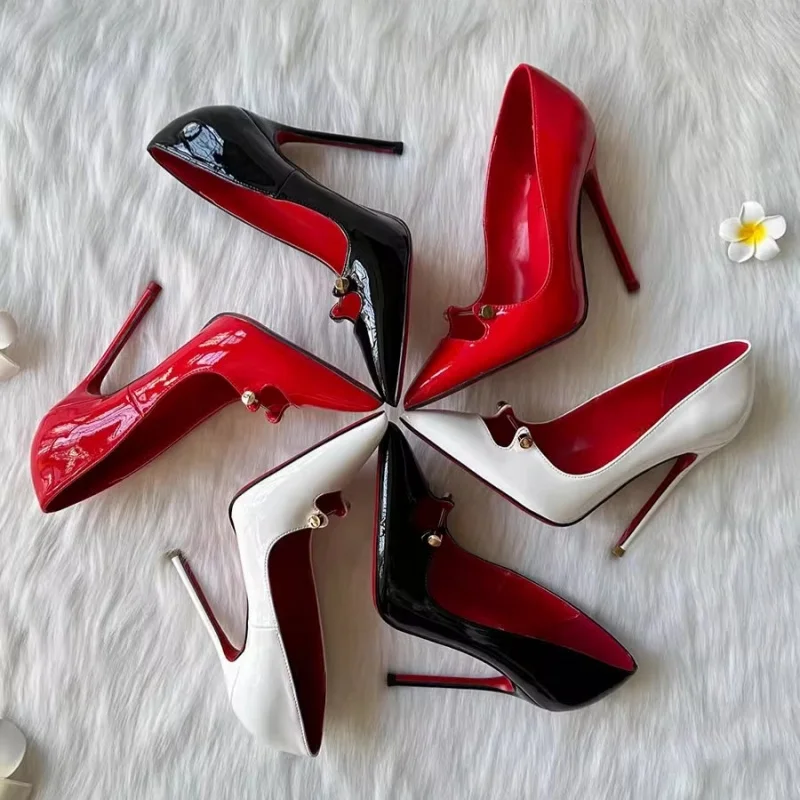 Spring and summer pointed shallow patent leather rivet sexy single shoes thin high-heeled banquet dress large size women\'s shoes