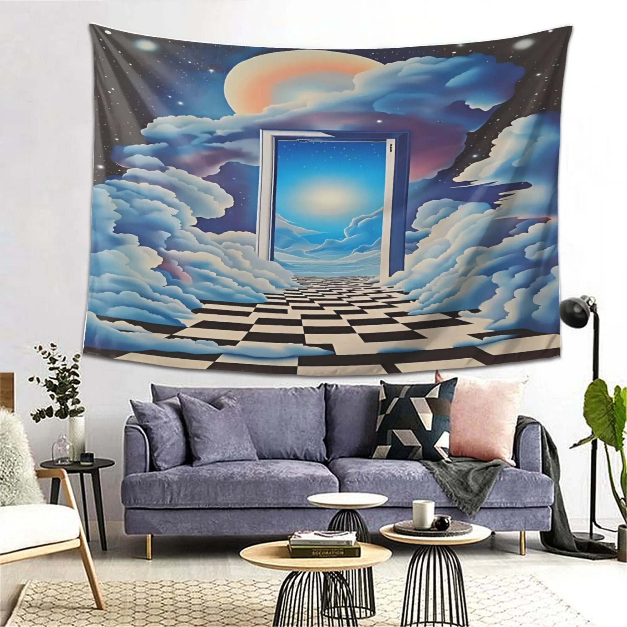 Cosmic Portal Gateway Tapestry Wall Hanging Retro Galaxy Nebula Space Art Decor Checkered Pathway Mural for Bedroom Living Room
