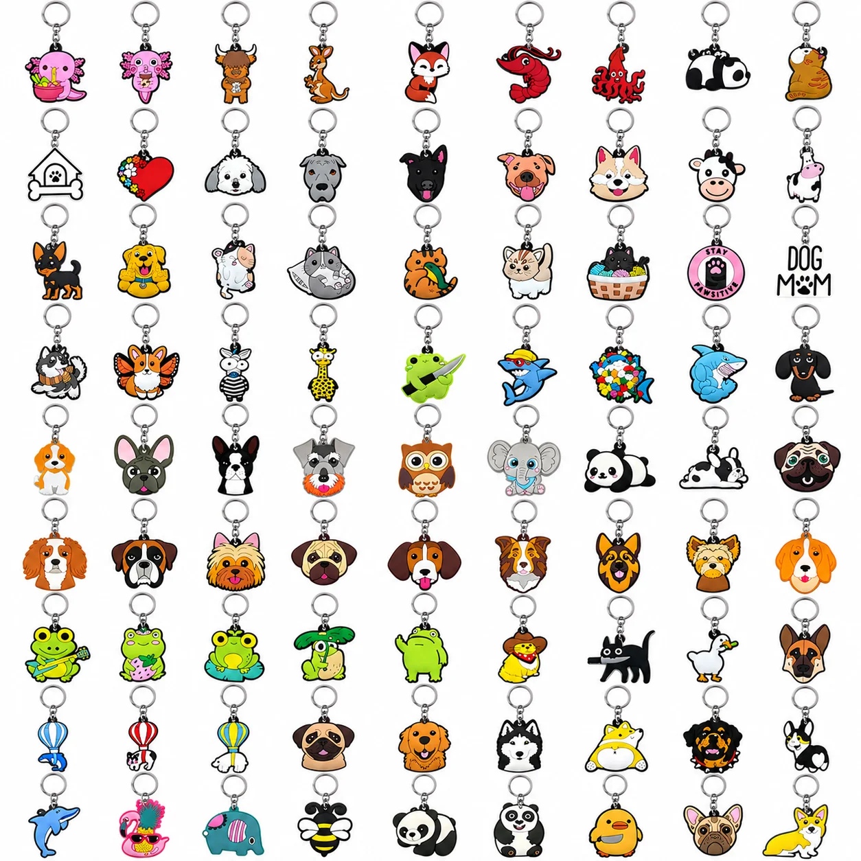 50pcs Cute Animal Keychain Set Dog Cat Panda Pendant Bag Charm Bulk Gift for Pet Lovers Friends Party Favors Wholesale Lot