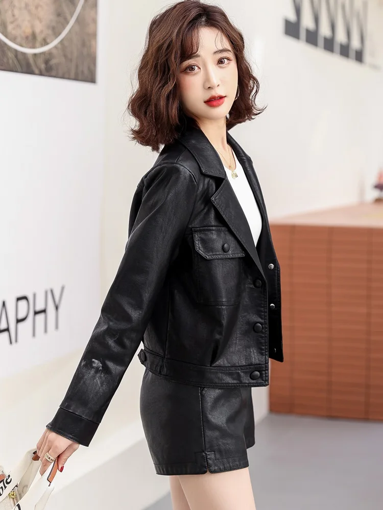 New Spring Autumn Women Leather Jacket Fashion Ladies Single Breasted Biker Coat Casual Short Tops Sheepskin Outerwear Female