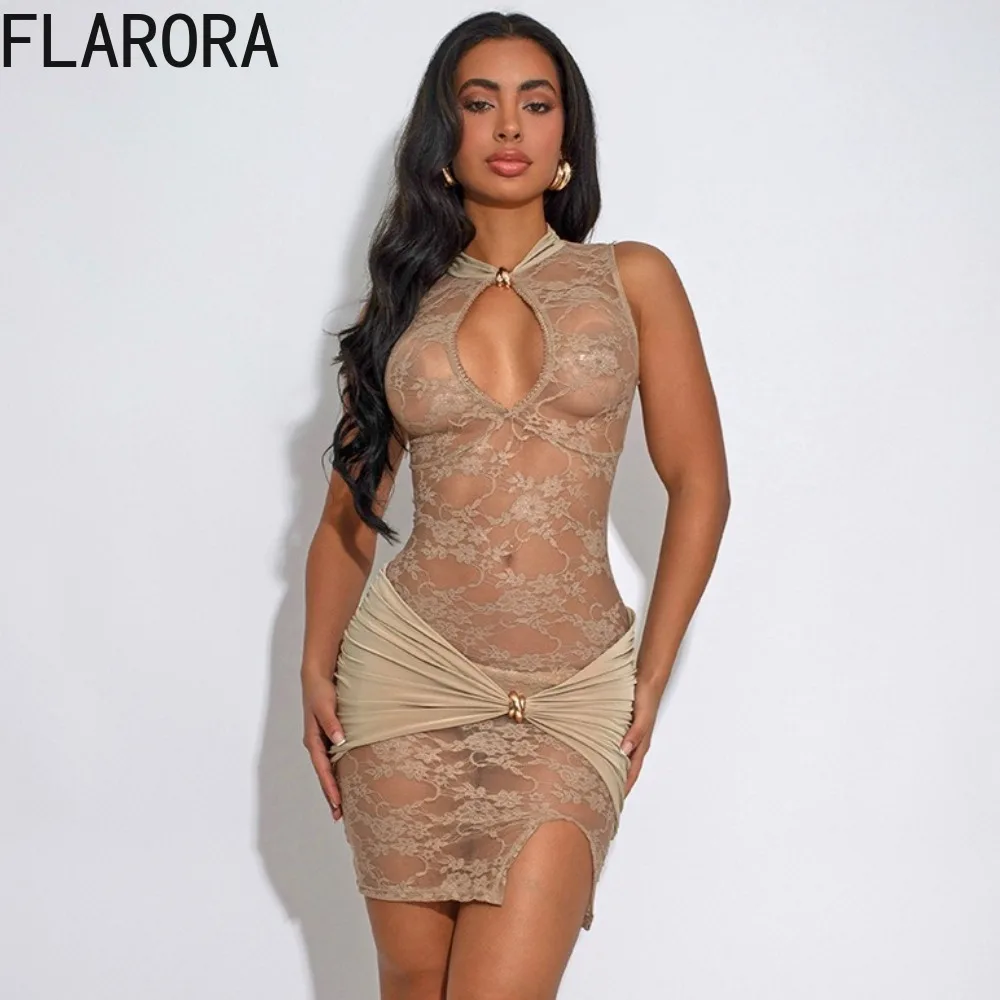 

FLARORA Sexy Lace Mini Dress Women See Through Sleeveless High Stretch Midnight Clubwear Asymmetrical Graphics Metal Knot Slit