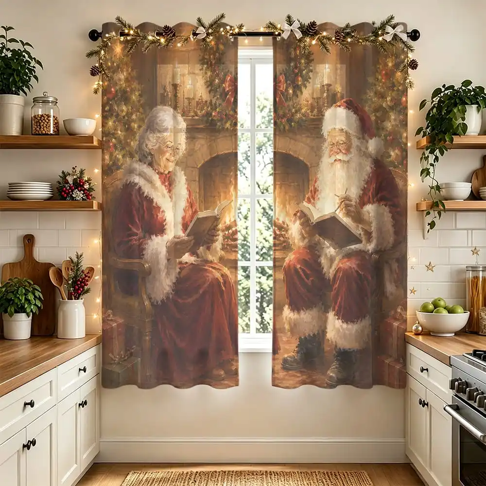 2pcs Christmas Santa And Mrs Claus Fireplace Pattern Curtains Perforated Light Blocking Window Drapes for Living Room Bedroom