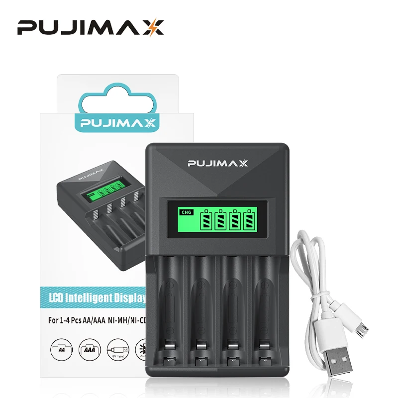 PUJIAMX AA/AAA Rechargeable Battery Charger LCD Display Portable Universal Adapter USB Cable Type C Interface Fast Charging Tool