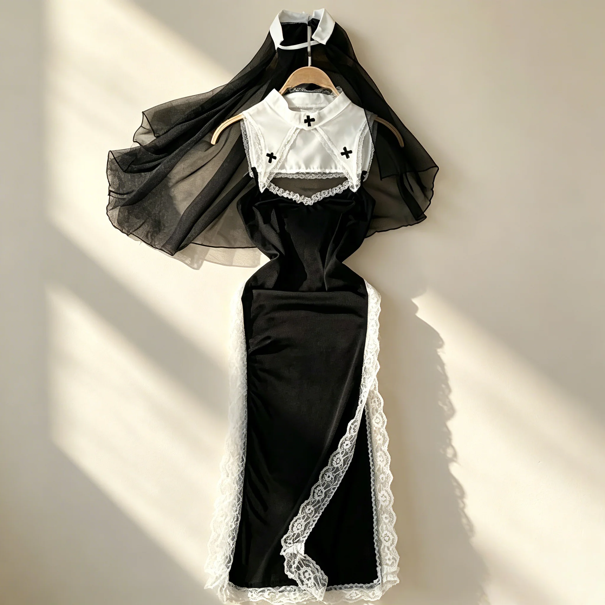 Woman Trend Cosplay Nun Dresses Halter Mesh Patchwork Lace Slimming Dress New Vintage Midi Dress Fashion Sexy Club Black Dress