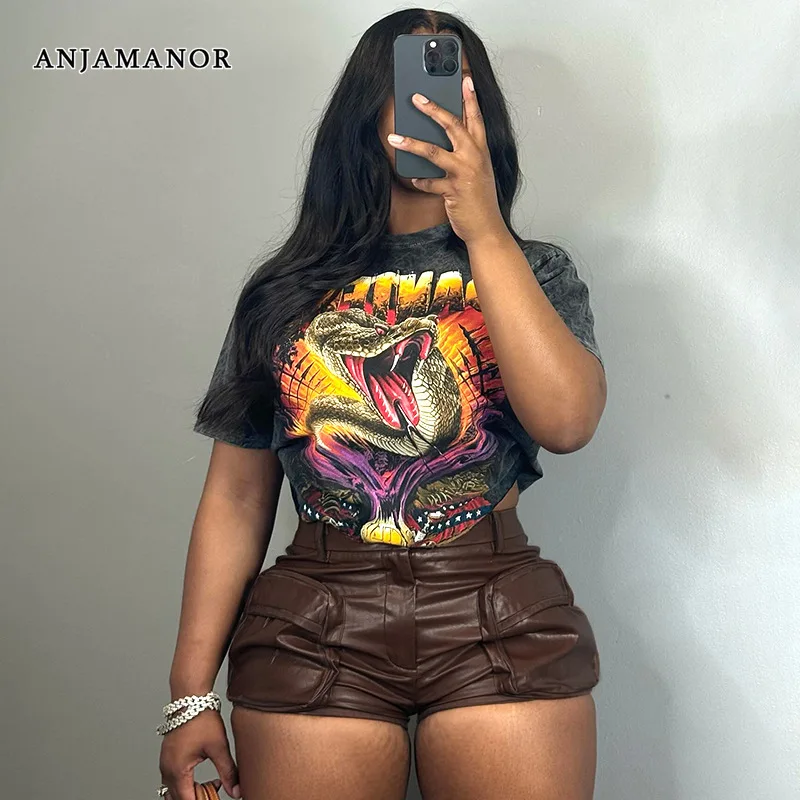 ANJAMANOR Brown PU Leather High Waist Shorts Women Clothing Autumn 2024 Fashion Sexy Pockets Cargo Short Pants D85-EZ14