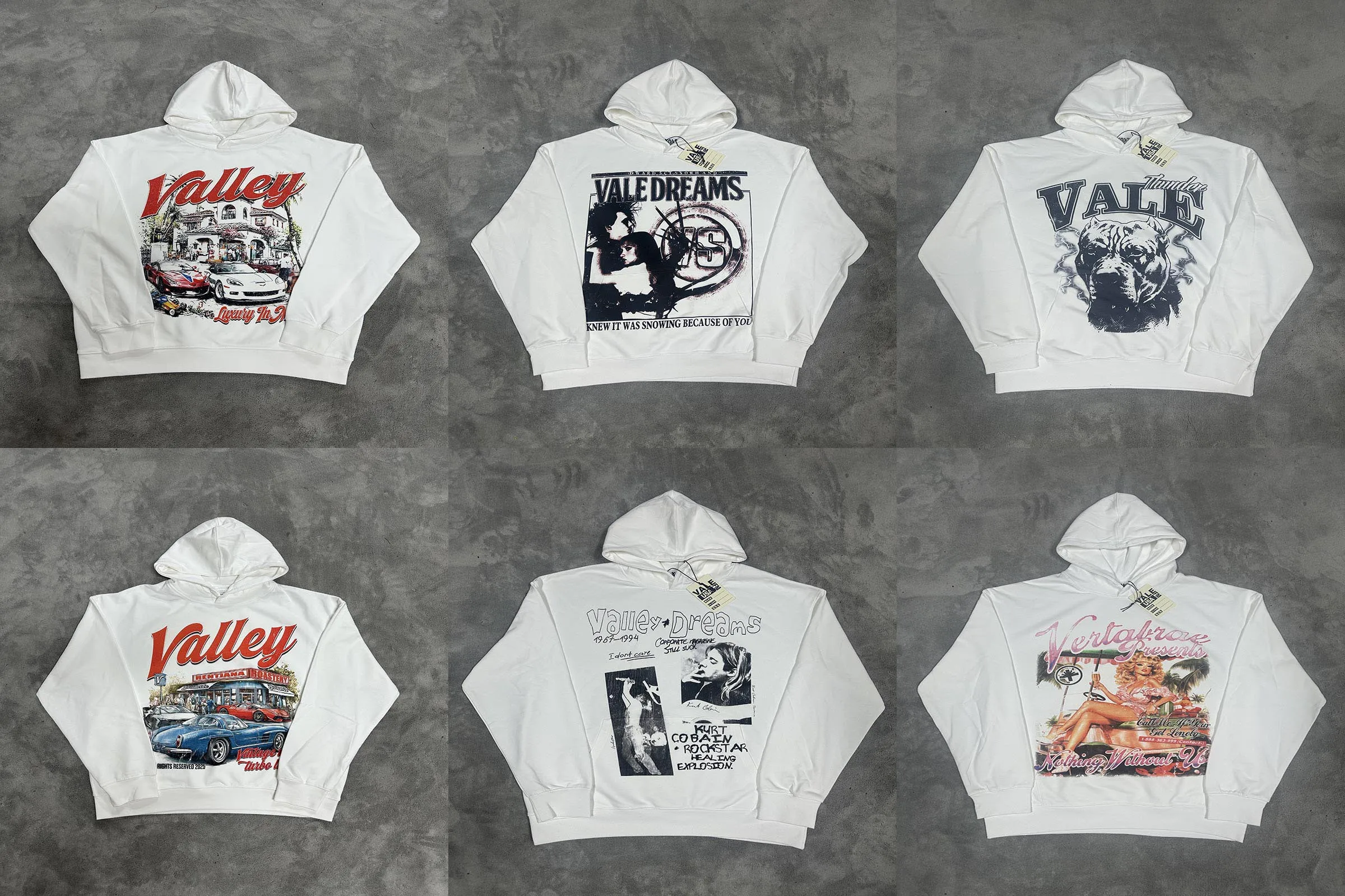 Sudadera con capucha VALLEY de buena calidad, moda para hombres y mujeres, estilo americano, impresión directa Digital, Sudadera con capucha blanca VALE Vintage