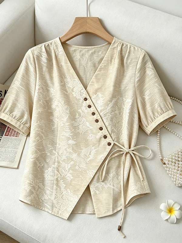 

plus Size Cross V-Neck Embroidered Short Sleeve Shirt Women Summer Slimming Waist-Cinching Tummy-Covering Versatile Top
