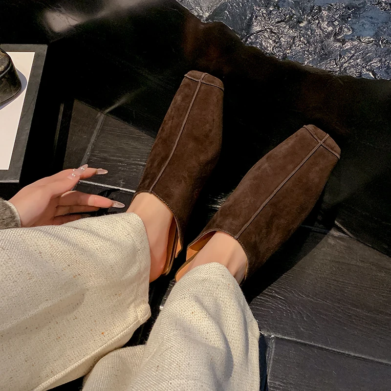 2025 New Genuine Kid Suede Low Heels Slippers Women Covered Toe Natural Leather Casual Slippers Female Daily Walk Slippers