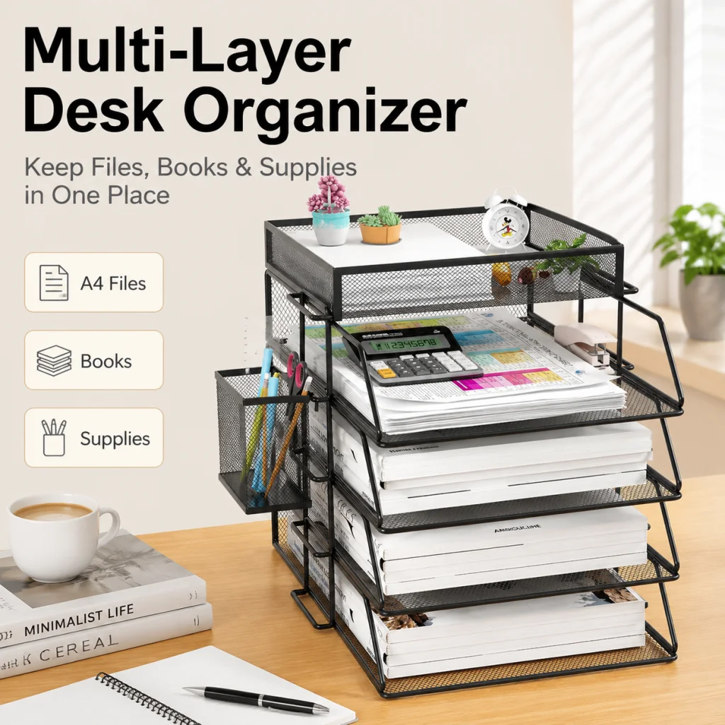 4-Tier Stackable Paper Tray Organizer with Pen Holder, Metal A4 File Document Desk Storage Rack for Home Office School Students