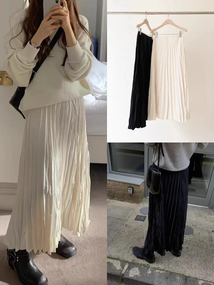 

Gentle Pleated Midi Skirt High Waist Slimming A-Line for Women Dongda Gate OUCE f-length Polyester Cotton Casual Skirts