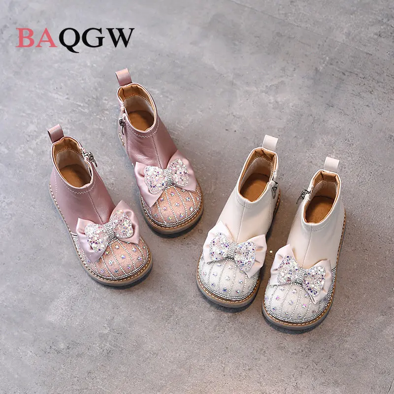 Children Autum Winter Sweet Sequined Princess Boots Baby Girl Boots Patchwork Bow Tie Beige Rhinestone Short Winter Zipper Boots