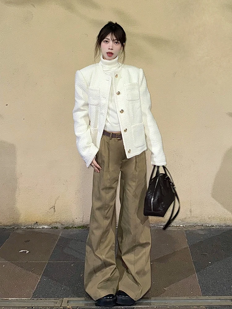 

Tweed Jacket Buttons Womens Fall Leather Matte Irregular Asymmetrical Slant Diagonal Oblique Zippered Button-Down Lapels Collar