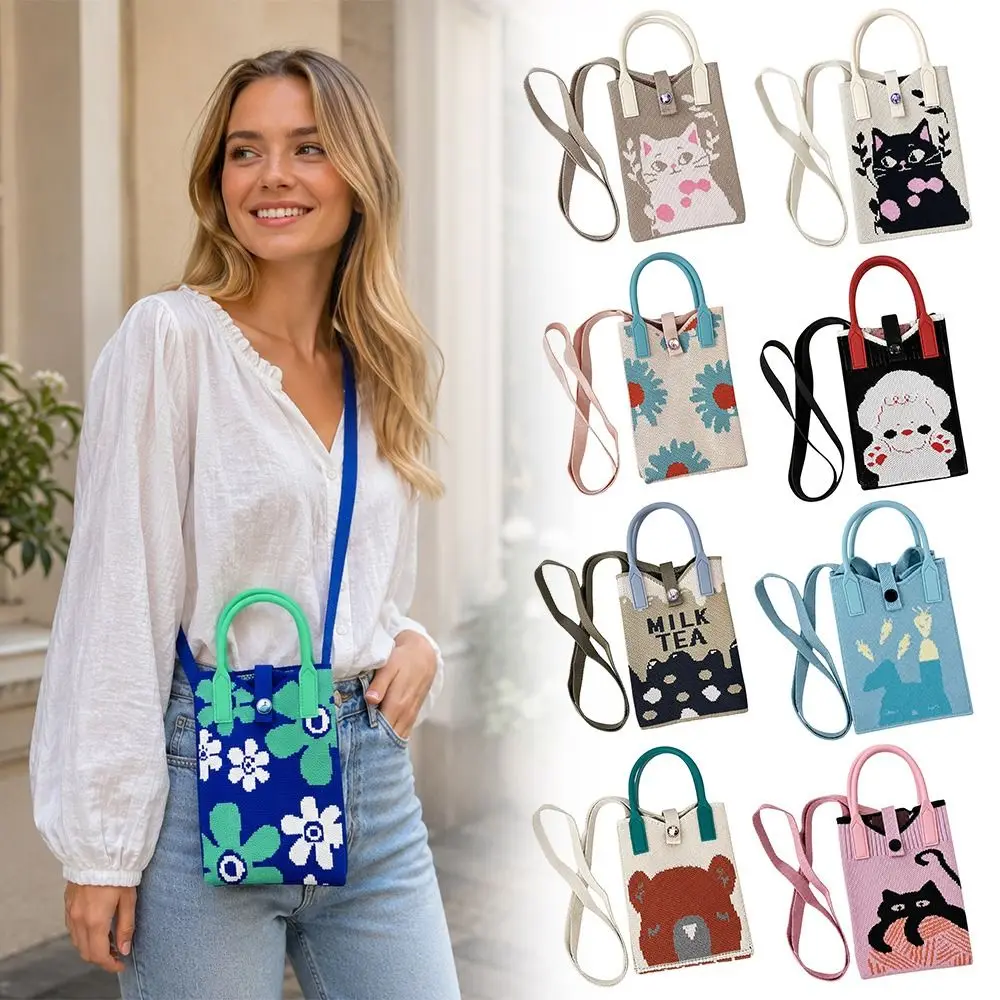Gifts Polyester Fiber Knitted Phone Bag Cartoon Single Handle Phone Storage Bag Knitted Portable Shoulder Bag Crossbody Handbag