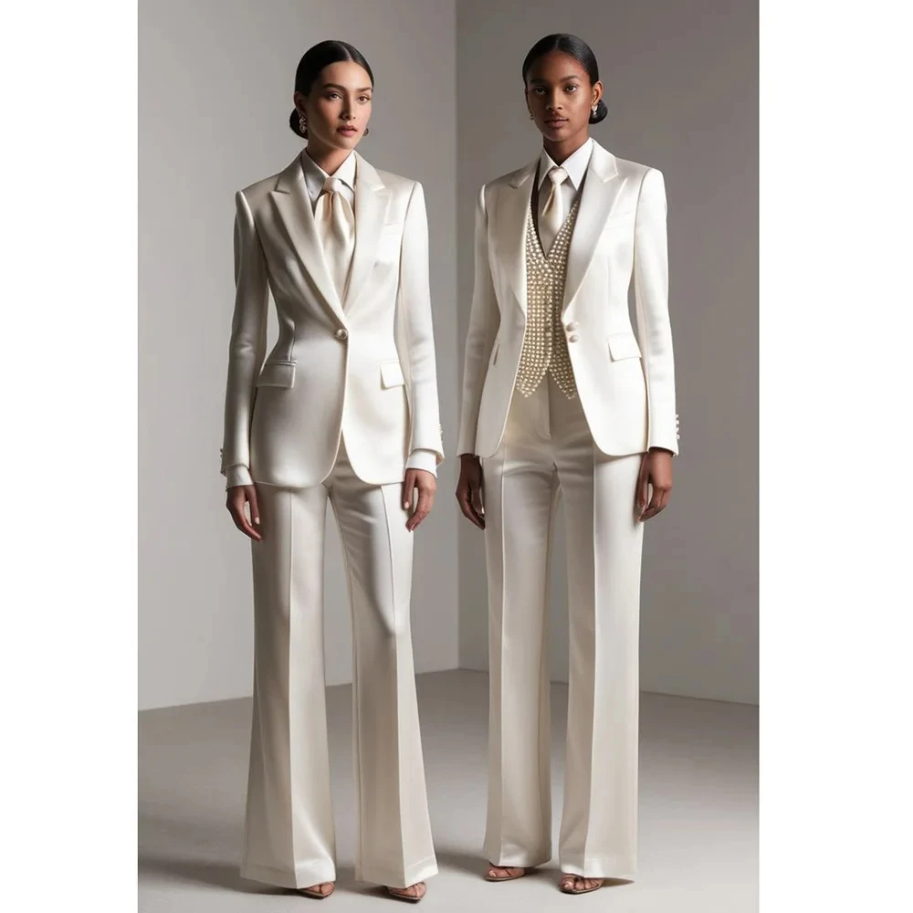 Allingentle Acetate Satin Ivory Damski Garnitur Slim Fit, Elegancki Komplet Biznesowy 2-częściowy, Stylowy Strój do Biura i na Co Dzień, Możliwość Personalizacji