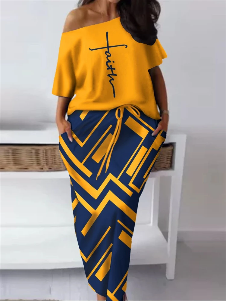 Faith Geometric Print Casual Top & Skirt Set