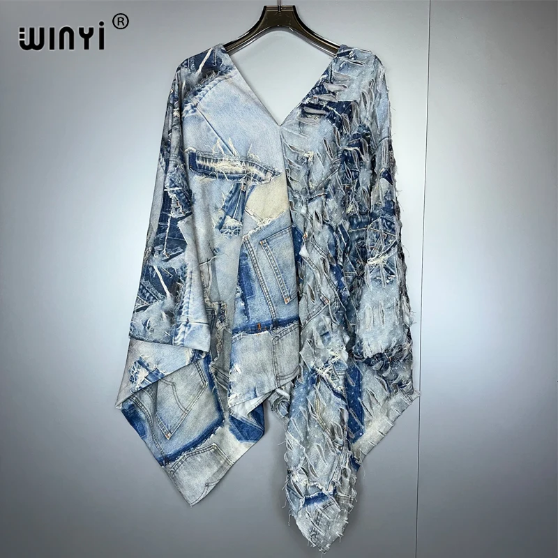 WINYI Original V Neck Print Denim Sexy Short Dress with Holes Boho Fashion Africa Womens Party Holiday Casual Maxi Beach Dress