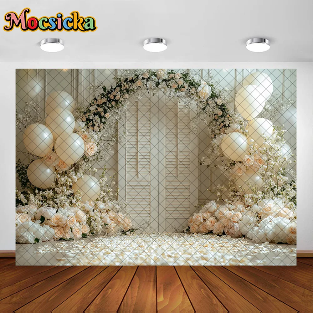 Mocsicka – arrière-plan de photographie, arc de fleurs, décoration murale en bois, arrière-plan pour réception-cadeau pour bébé, nouveau-né, 1er anniversaire, accessoires de Studio de bal