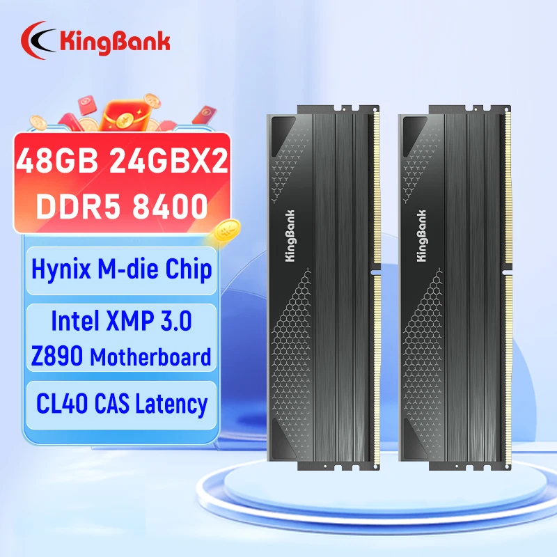 KingBank DDR5 memoria ram 24GBx2 48gb 8400MHz UDIMM Memory Desktop Memory Hynix M-die CL40 XMP 3.0 Black