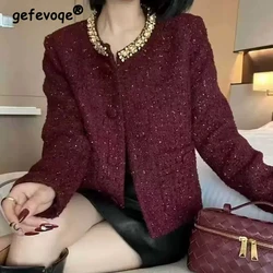 Women Stylish Vintage Diamonds Luxury Chic Coat Korean Elegant Single Breasted Tweed Jacket Solid O Neck Long Sleeve Outerwears