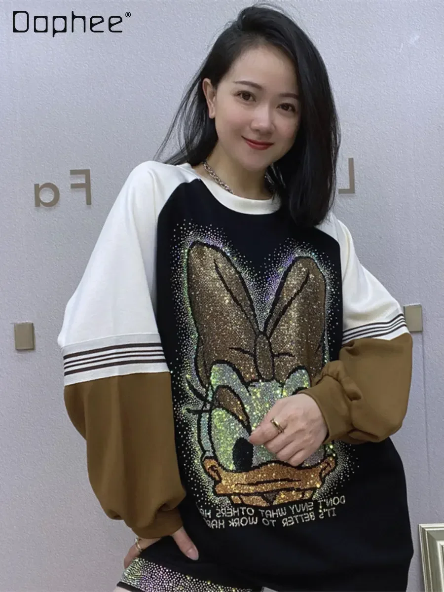 Otoño e Invierno industria pesada Rhinestone Sudadera con capucha de dibujos animados mujer moda espacio algodón manga larga Jersey suelto sudadera