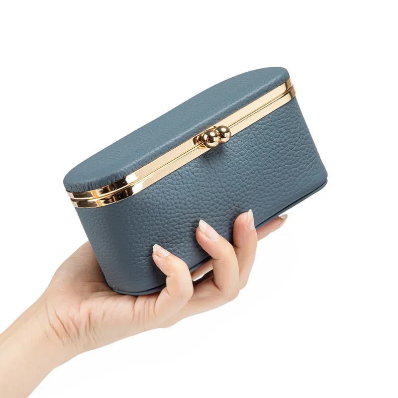 New Genuine Leather Hard Jewelry Organizer Box Kiss‑Lock Closure Portable Travel Case for Lipstick Rings Earrings Small Trinkets