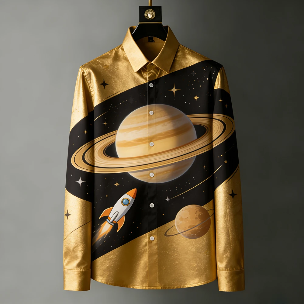

Men's American Loose Planet Astronaut 3D Printed Shirt Long Sleeve Lapel Button Hawaiian Beach Shirt Outdoor Men's Top