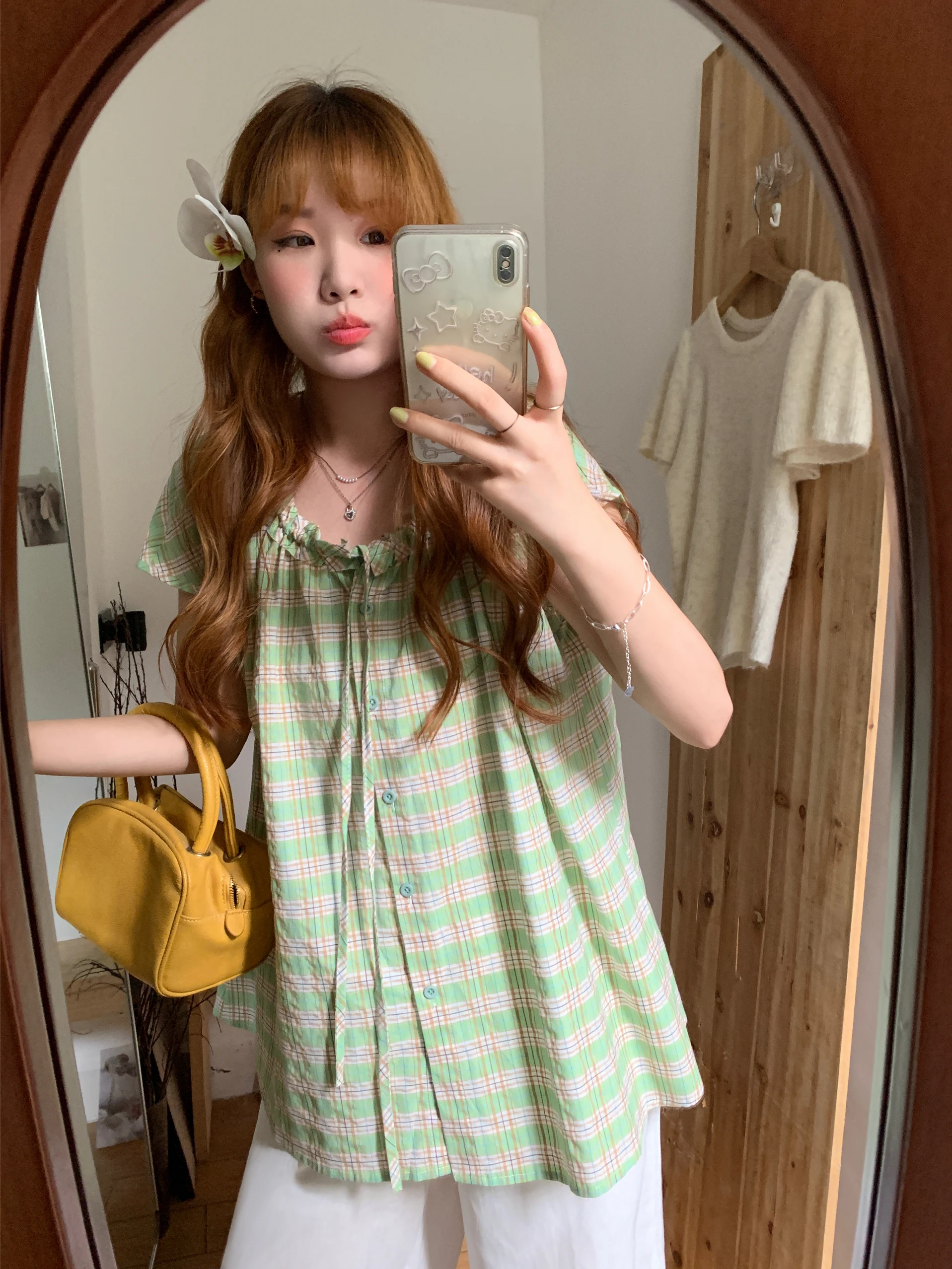 

Sweet Gingham Pleated irt Korean Sle Loose ort Sve Doll Top Женский летний наряд Garden Adventure Theme