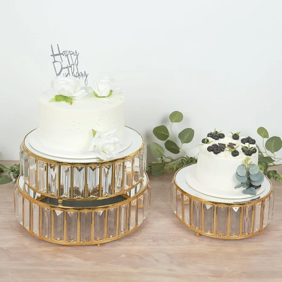 

Set of 3 Crystal Pendant Gold Metal Cake Stands Stackable Round Dessert Display Trays with Mirror Top 9" 11" 12"