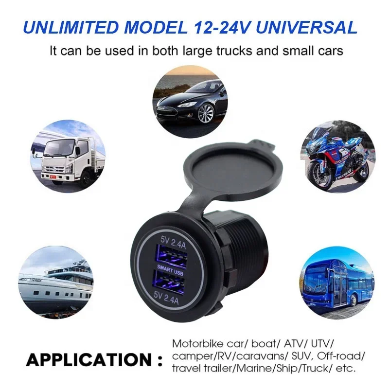 12V 24V 5V Dual 4.8A Output Dual Port USB Charger Socket with LED Light