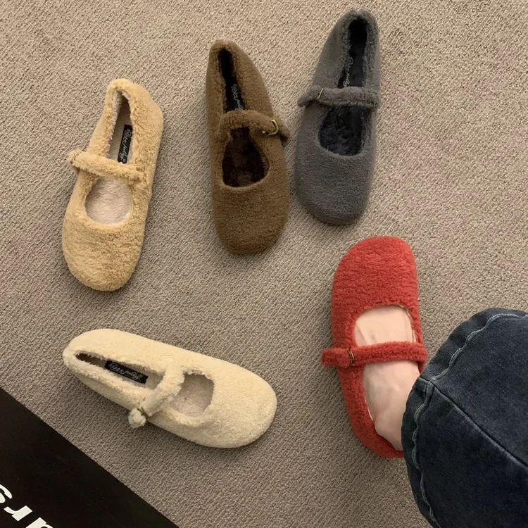 Fashion Round Toe Wool Ballet Flats Woman Concise Warm Plush Loafers Ladies Brand Design Fluffy Mary Jane Shoes In Red Grey