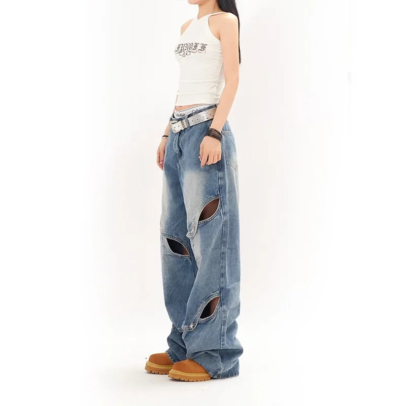 Street Denim Pants Women Hollow Out Metal Button Baggy High Waist Wide Leg Loose Casual Jeans Pants Full Length Trousers