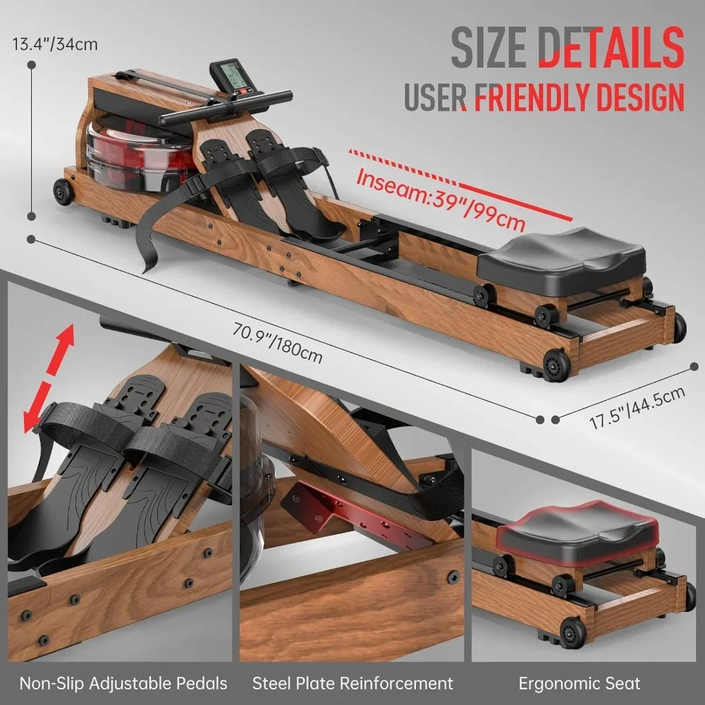 Water Rowing Machine, Oak Wood Foldable Rower Machine 330lbs Weight Capacity with Bluetooth Monitor, Phone Holder