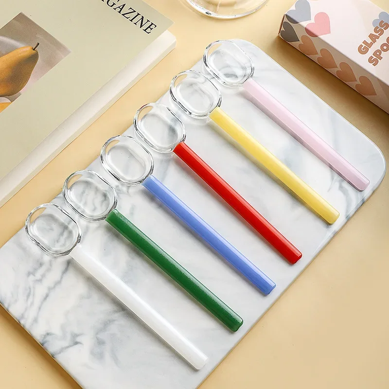 Cute Colorful Glass Long Spoon With Lily Flower High borosilicate heat-resistant glass lily flower mixing spoon