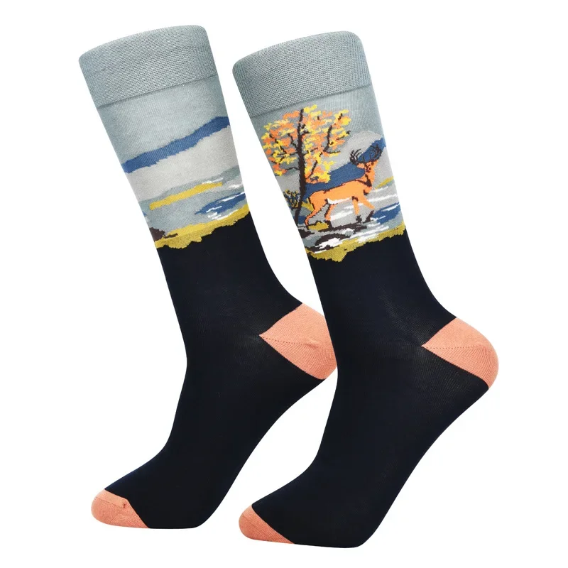 Autumn and winter new men's tube cartoon graffiti illustration socks boneless combed cotton tube socks