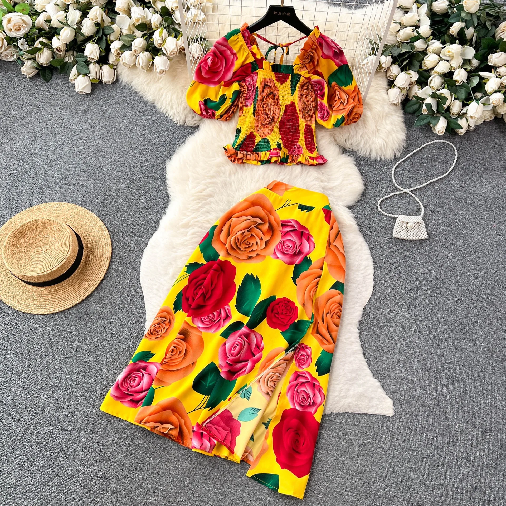 YuooMuoo Women Dress Set Summer Y2K Fashion Print Flowers Crop Tops + Long A-line Skirts Lady Vacation Beach Two Piece Suits