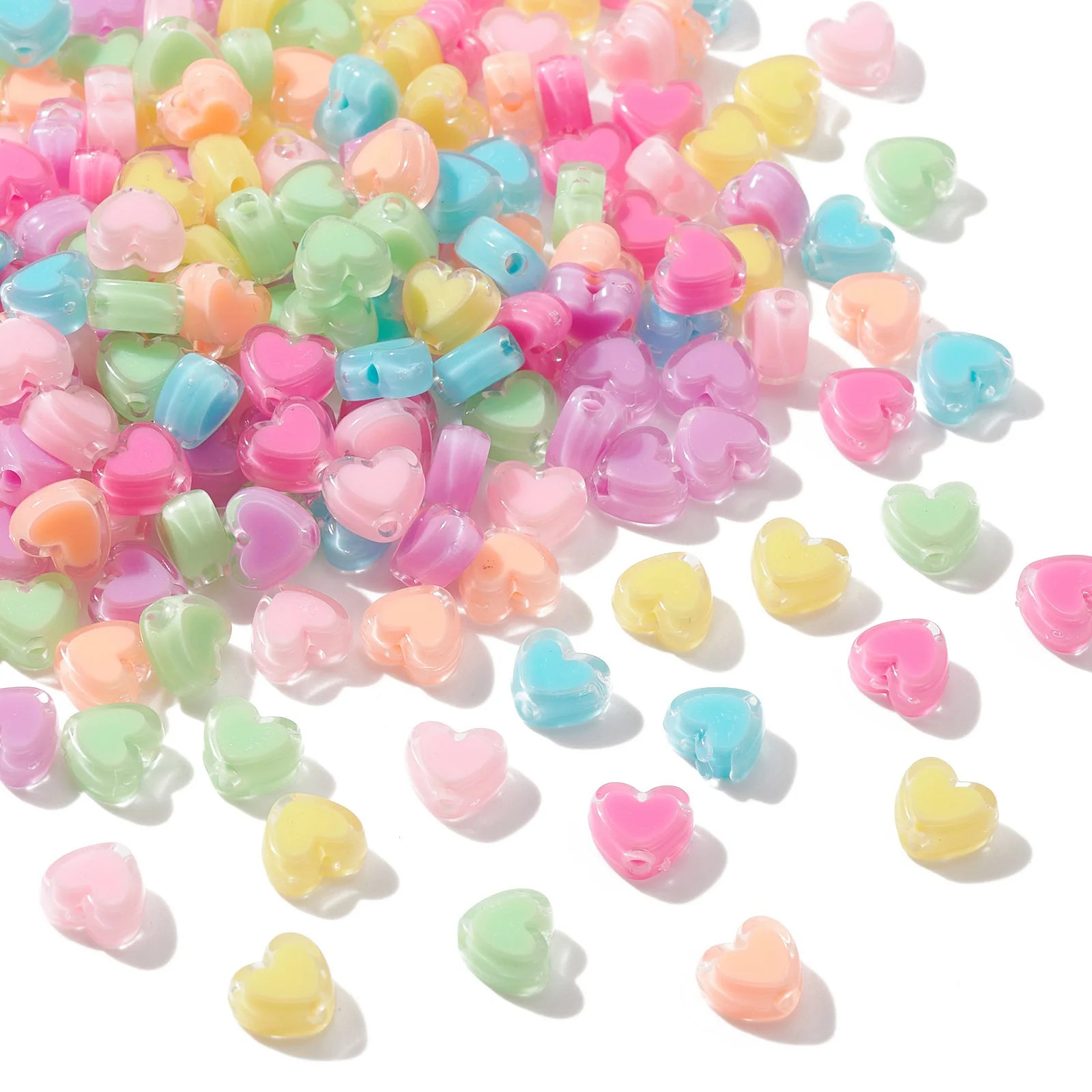 200Pcs Random Color Acrylic Heart Shape Beads Colorful Bead in Bead Spacer Beads for Valentine's Day Jewelry Making DIY Craft