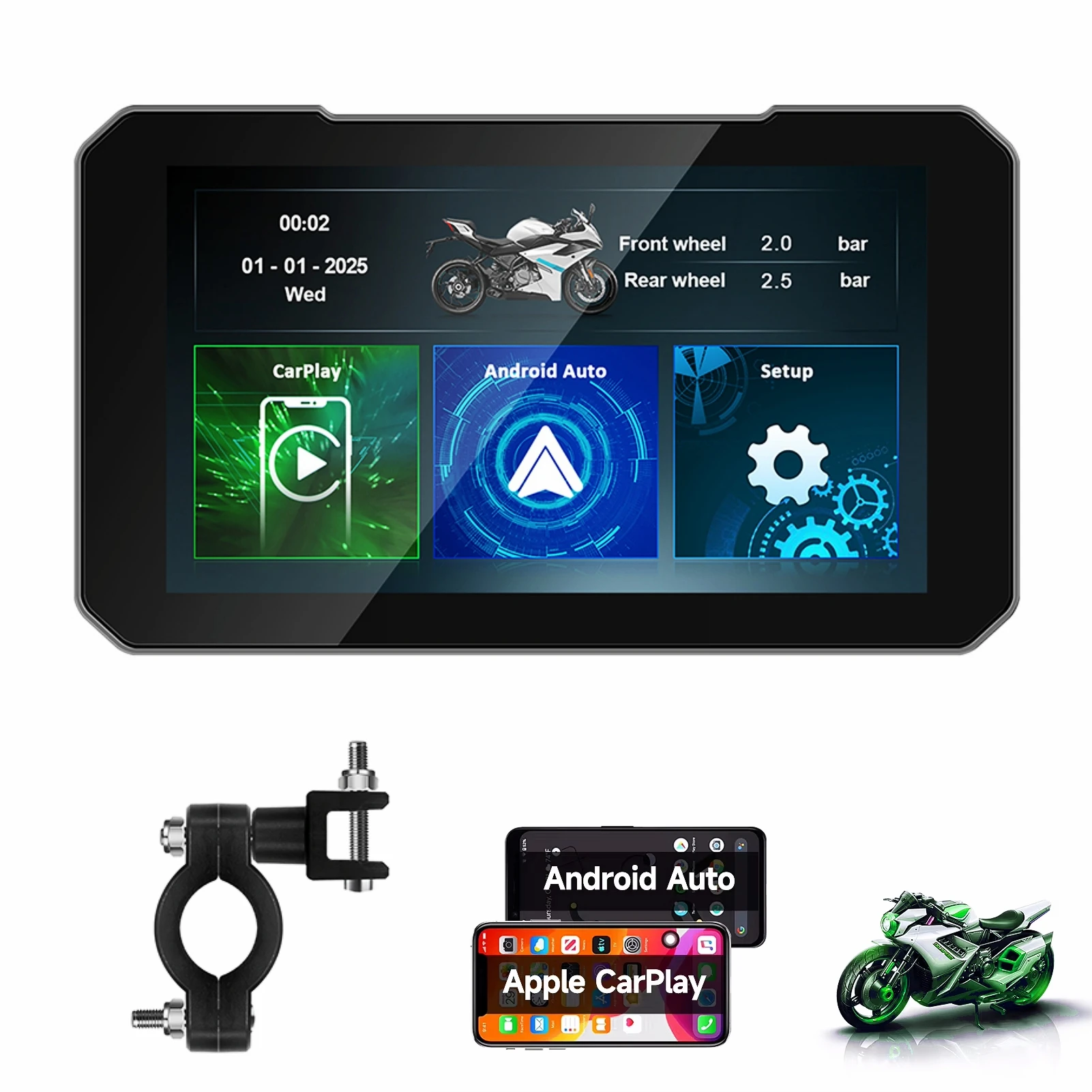 LEXXSON Monitor Inalámbrico para Motocicleta con Pantalla IPS de 5'', Carplay, Navegación GPS, Android Auto, Reproductor Inteligente Portátil, Resistente al Agua IP68