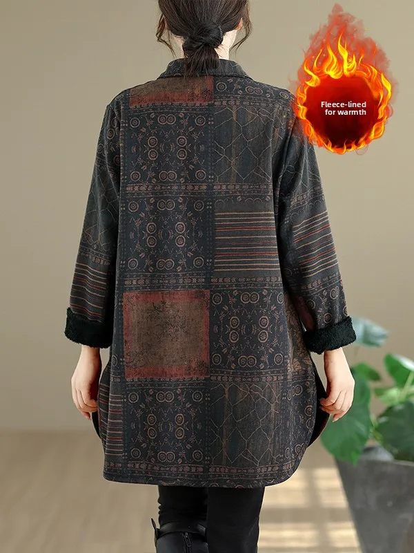 Manteau chaud mi-long pour femme, imprimé rétro, doublé de Fce, grande taille, Long, Sve, bouton unique, col tournant, Cardigan ouvert Sli