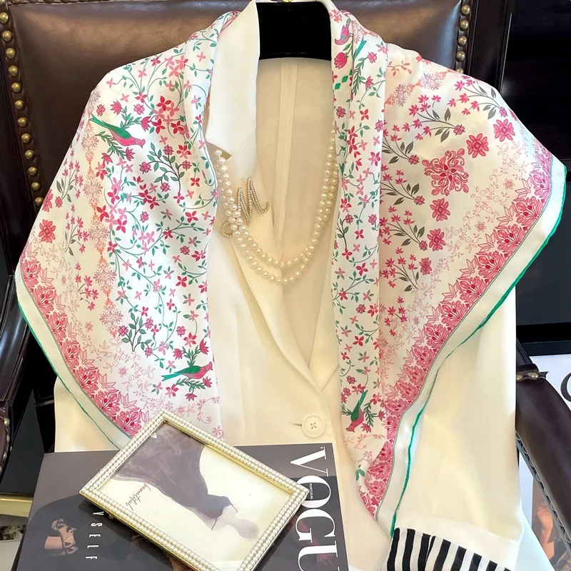 

Floral Print 100% Silk Head Scarf Hijab for Hair Wrapping Womens Square 90 Silk Shawl Cape